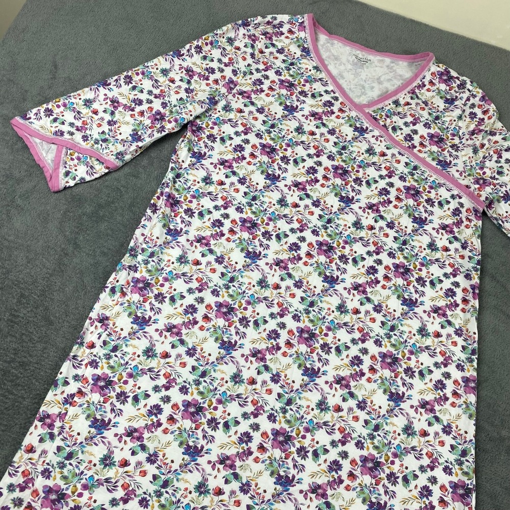 Garnet Hill Womens L Nightgown Pajamas White Floral Organic Green Cotton V-Neck